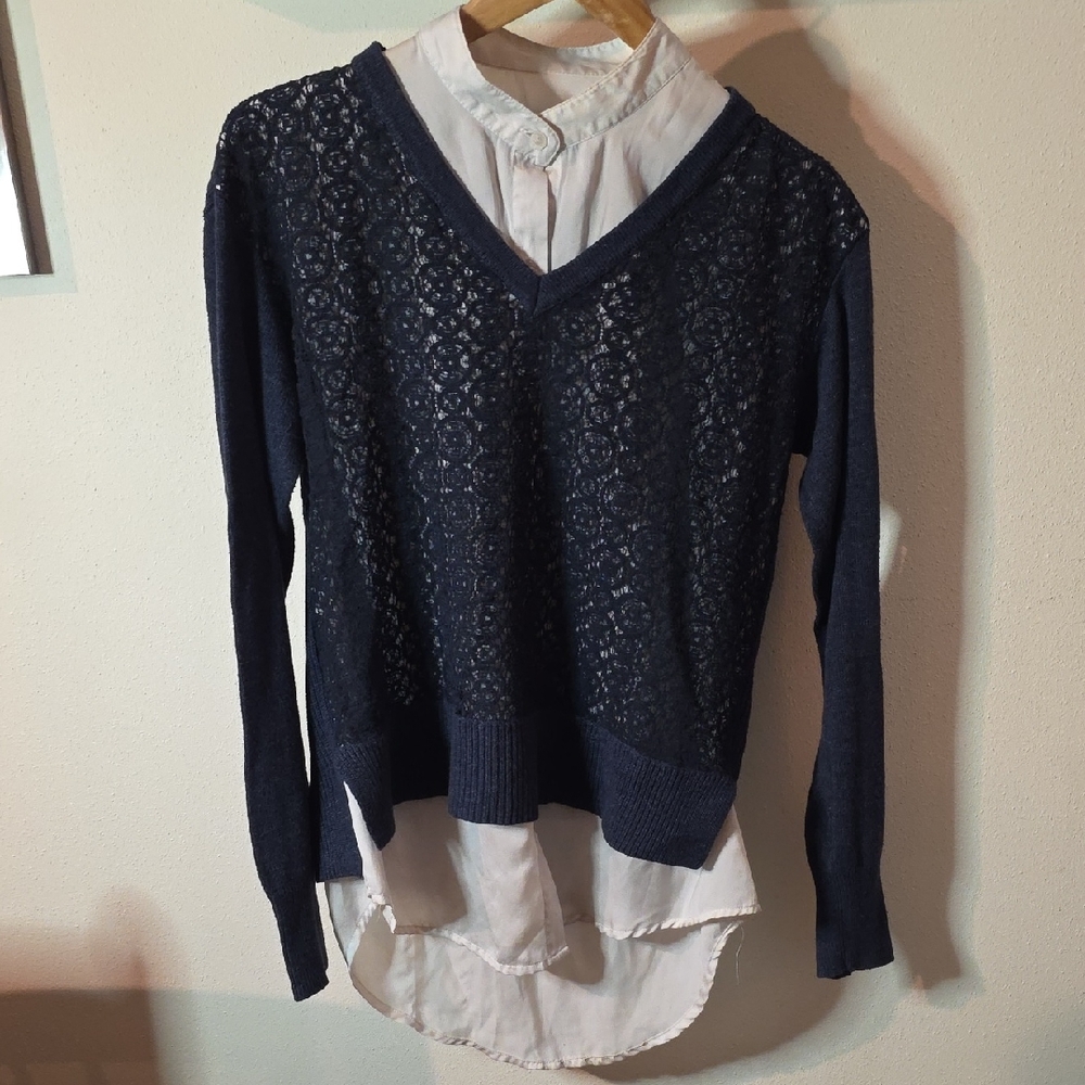 Simply Vera Vera Wang Dark Blue Lace V-Neck Sweater